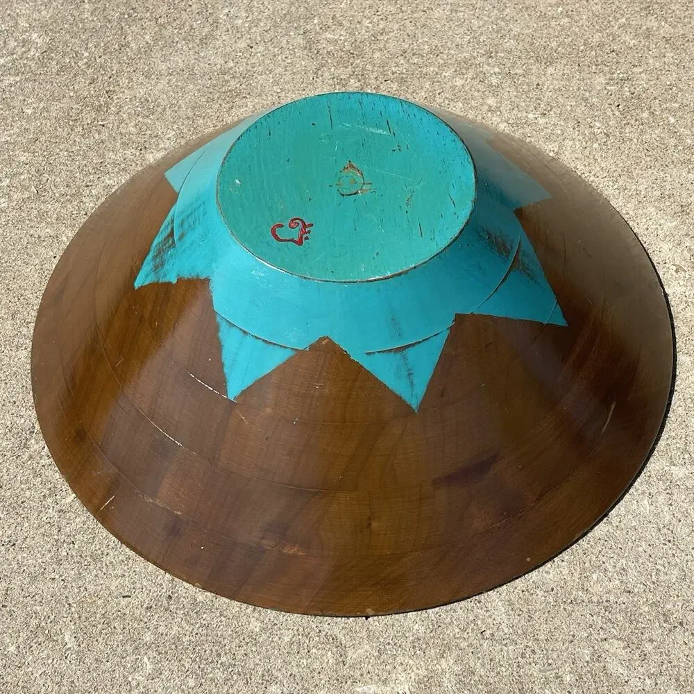 Wooden Bowl Hand Painted Red Turquoise Southwest Decor Art‎ Signed 14 x 4.5
